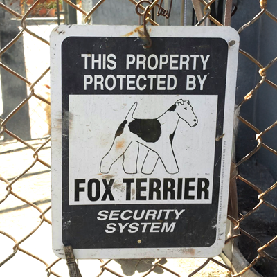 A sign notes the property is protected by a Fox Terrier security system.